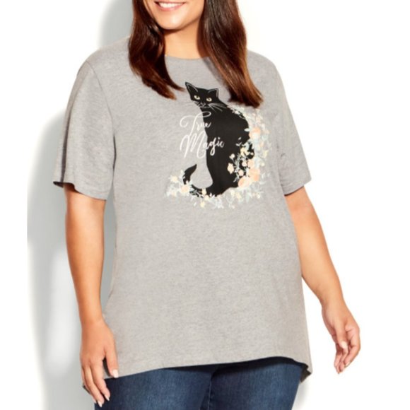 NWT Avenue Womens Cotton Cat Print High Low Top Grey 30/32 PLUS SIZE - Picture 1 of 10